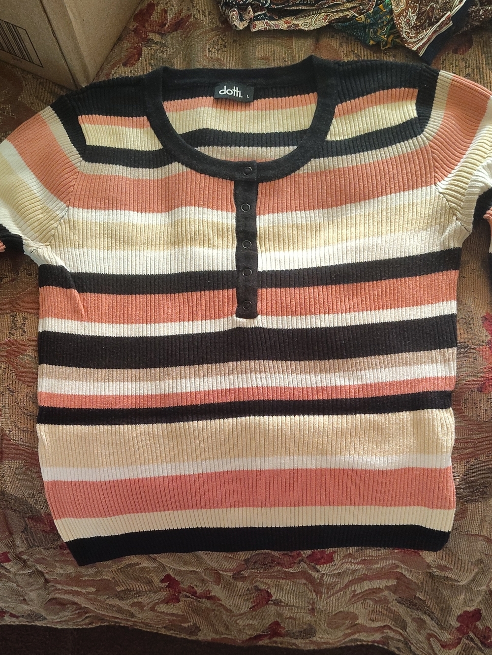 Dotti Striped Rib-Knit Short Sleeve Sweater - Peach, Cream & Black